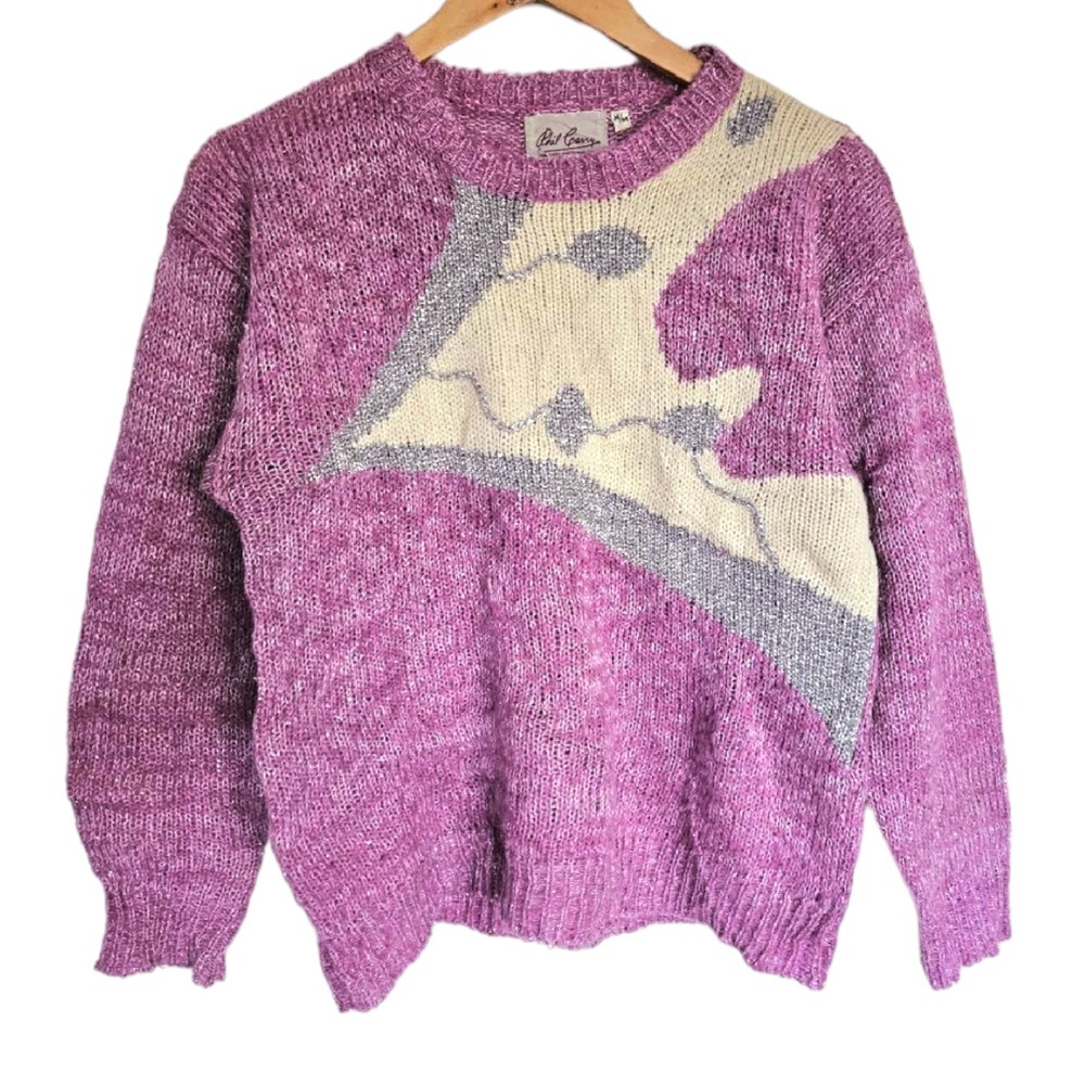 Vintage Phil Carry Magenta Silver Metallic Pullover‎ Crewneck Sweater M